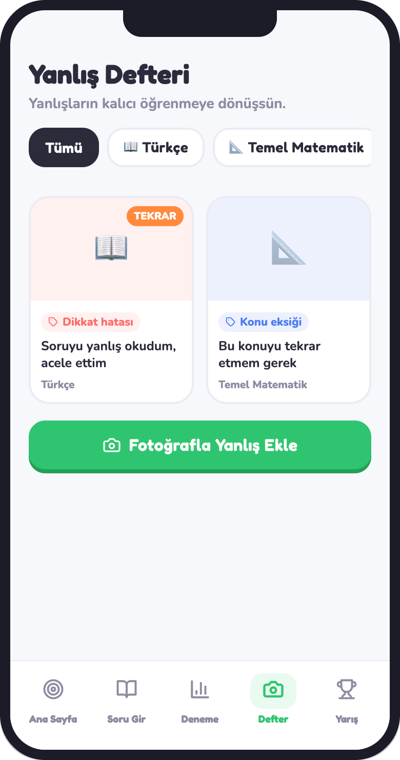 Yanlış Defteri ekranı